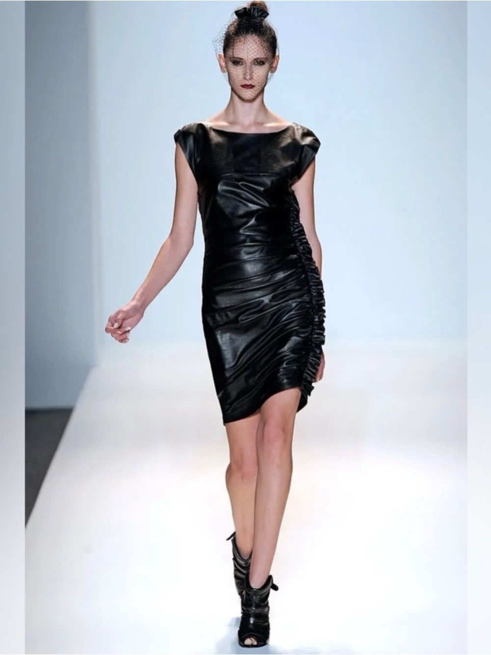 Cynthia Steffe Black Ruched Real Leather Mini Dress- size 8